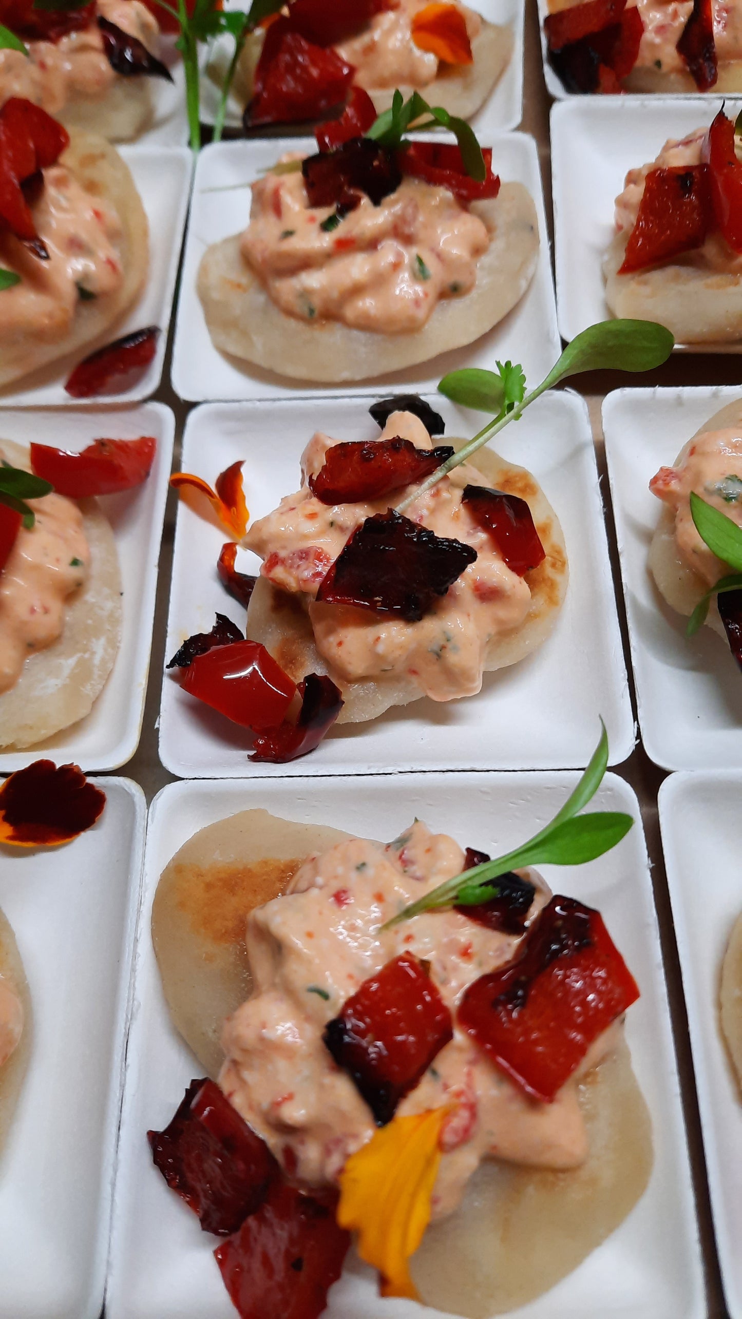 Bouchées froides | Ktipiti sur naan maison, garni de poivron rouge rôti (tartinade à base de yogourt, feta et poivrons rôtis)