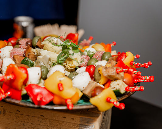 Cold appetizers | Assorted antipasto skewer (olive, bocconcini, tomatoes, peppers, chorizo, artichokes, salami...)